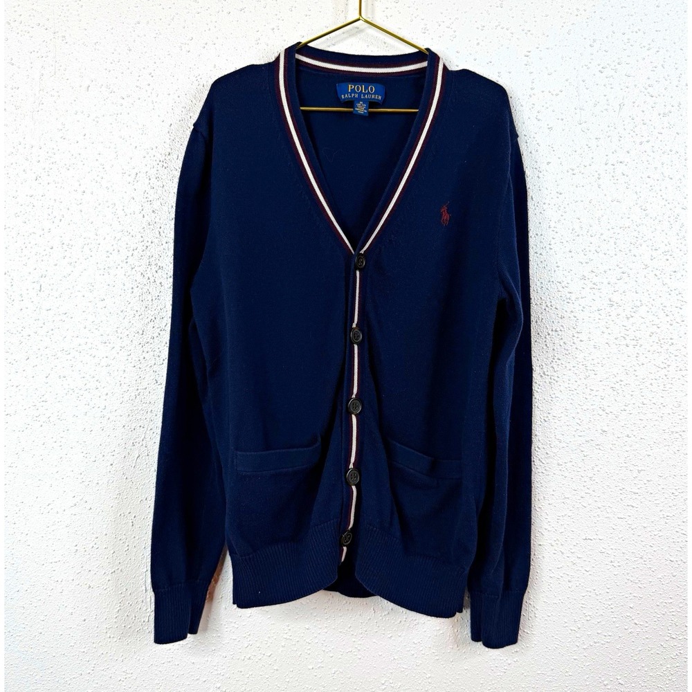 Polo Ralph Lauren Navy Cotton V-Neck Button Cardigan Sweater Pockets Sz 10-12 M